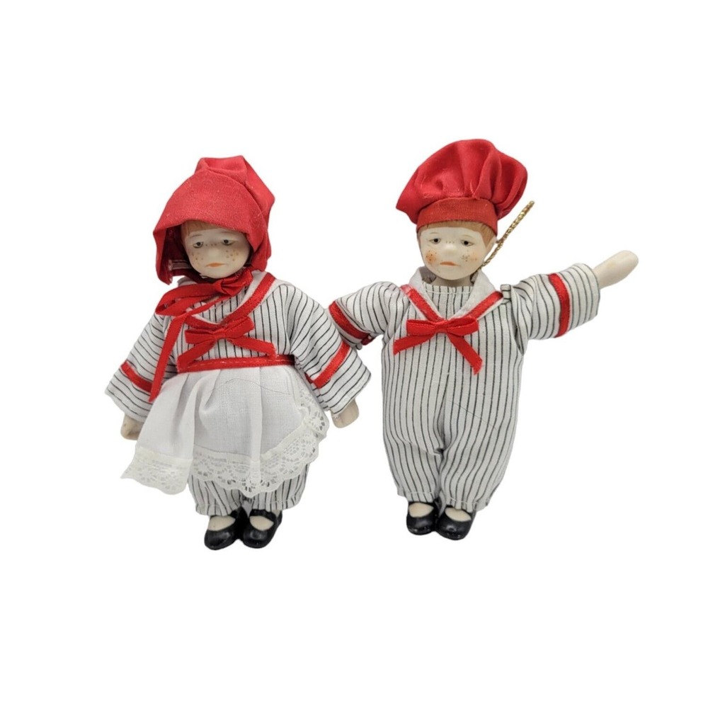 Vintage Silvestri Faith Wick Porcelain Girl & Boy Dolls Christmas Ornaments